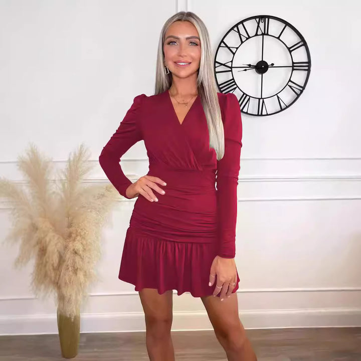 Damen Figurumspielendes Wickelkleid mit langen Ärmeln und Rüschensaum Drune