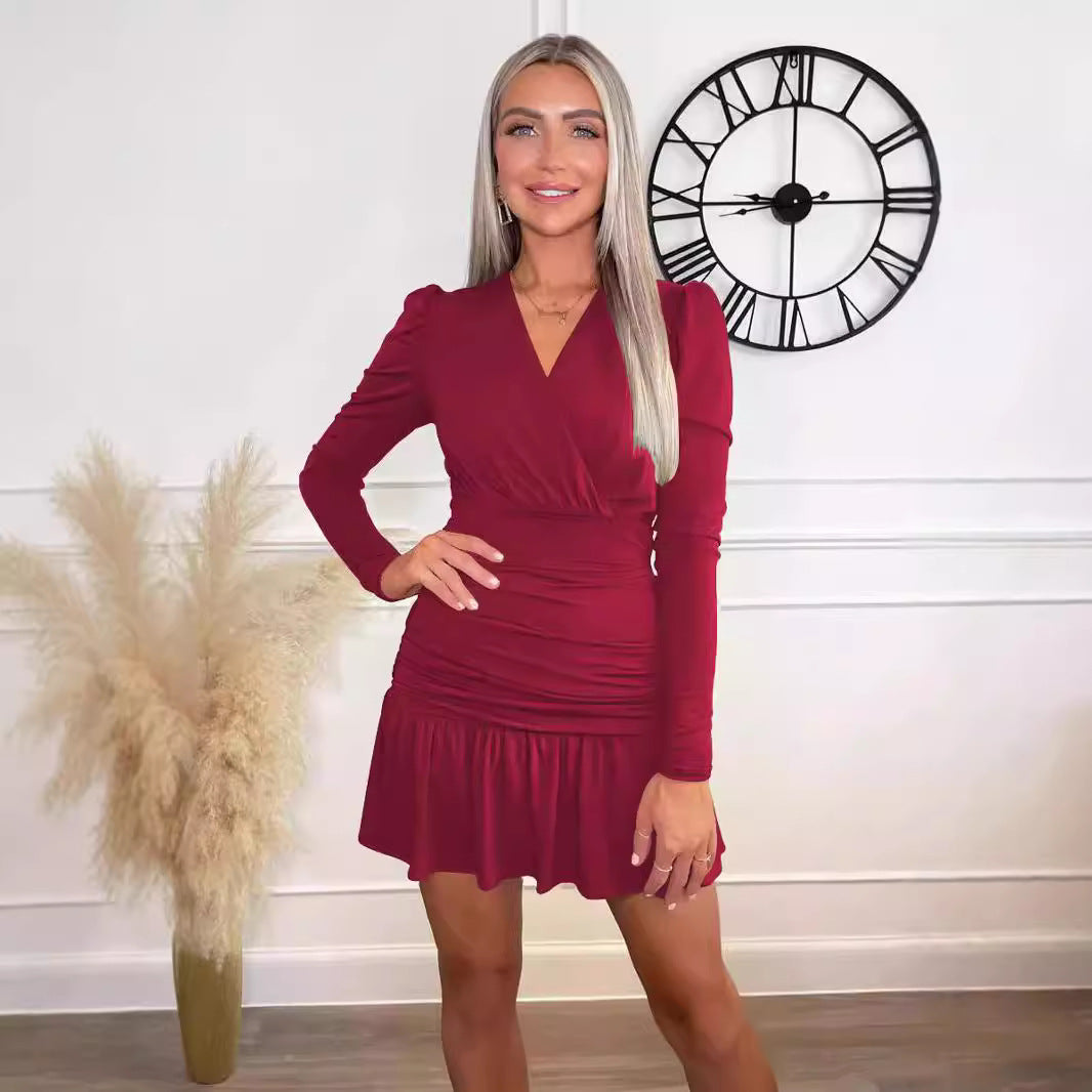 Damen Wickelkleid mit Rüschen und langen Ärmeln Drune