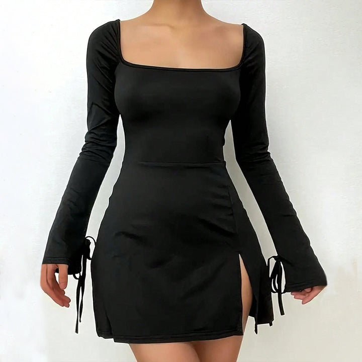 Damen figurbetontes Minikleid mit eckigem Ausschnitt Trompetenärmeln und seitlichem Schlitz Drune