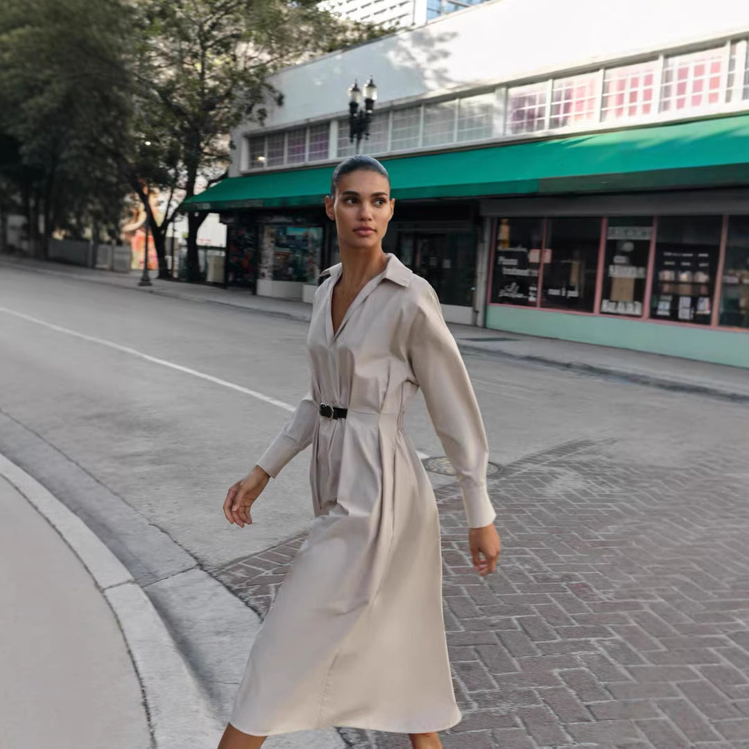 Damen Hemdblusenkleid mit Plissée‑Rock und schmalem Taillengürtel Drune