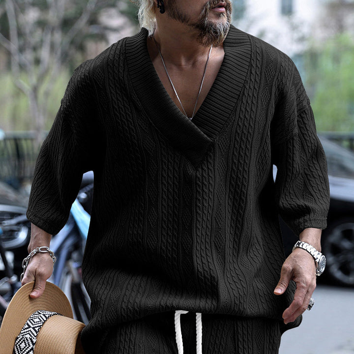 Damen nan Kurzarm-Strickpullover im weiten Schnitt mit tiefem V-Kragen und Zopfmuster Drune