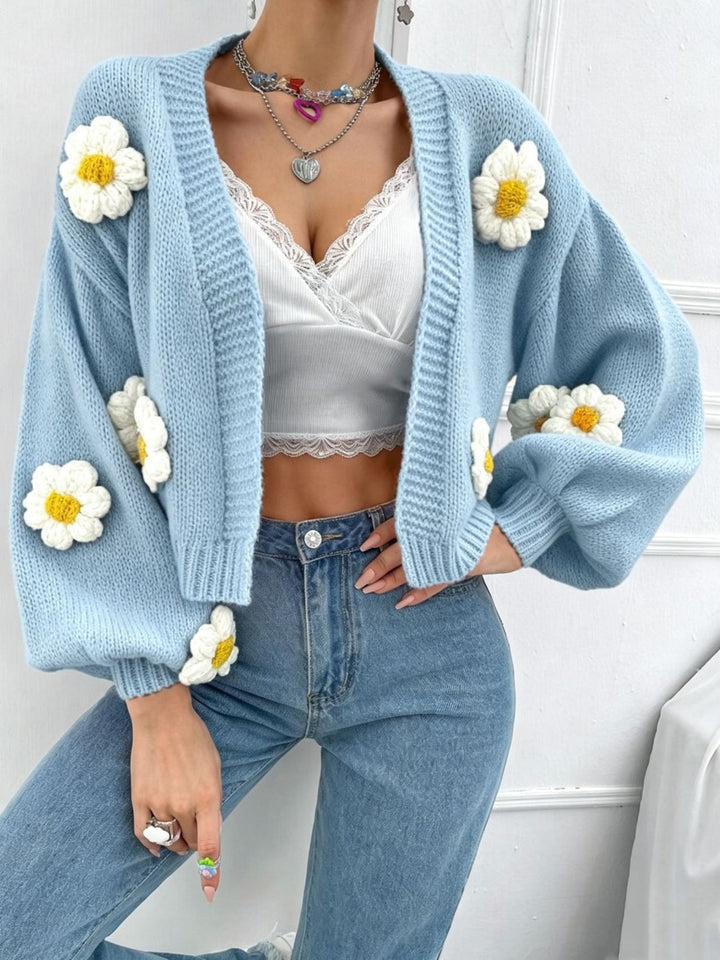 Damen Kurzgeschnittener Grobstrick-Cardigan mit 3D-Blütenapplikationen Drune