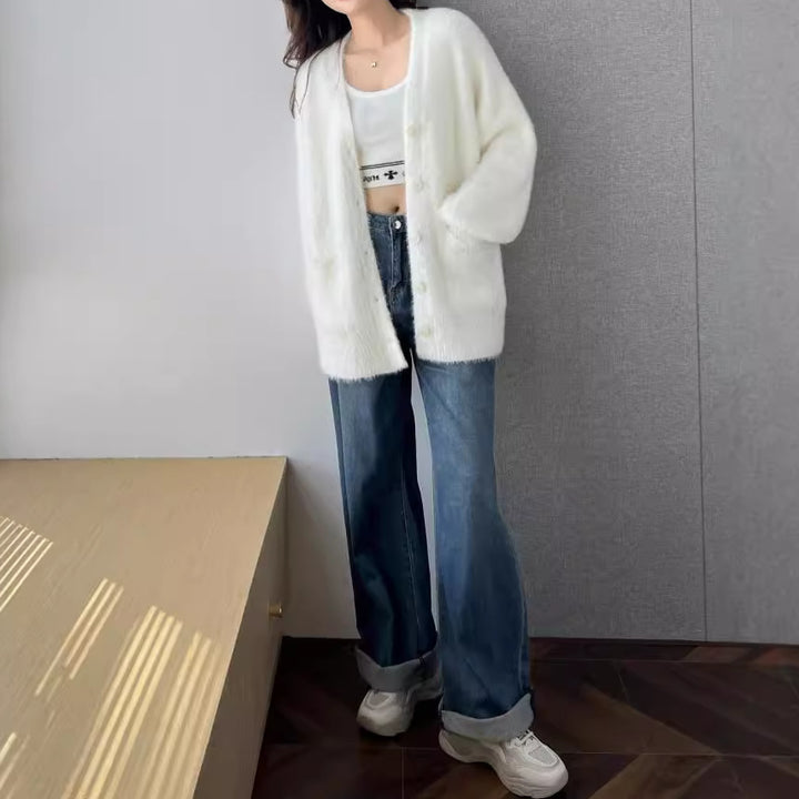 Damen Flauschige Strickjacke mit Taschen und breitem Revers Drune