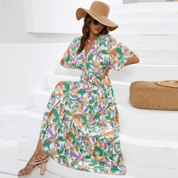 Damen Maxikleid mit detailreichem floralem Design und V-Ausschnitt Drune