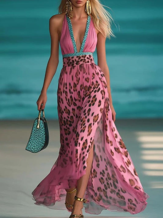Damen nan Maxikleid mit tiefem V-Ausschnitt, geflochtenem Halter, Leopardenprint, plissiertem Chiffonrock und seitlichem Beinschlitz Drune