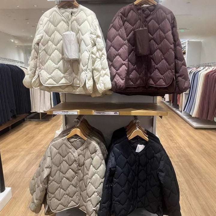 Damen Gesteppte Kurzjacke mit Diamantsteppung, Rundhalsausschnitt und Druckknöpfen Drune