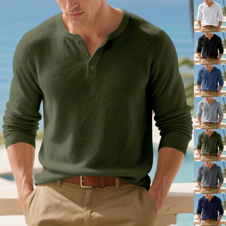 Herren Langarm-Henley-Shirt mit strukturiertem Gewebe und modischen Knöpfen Drune