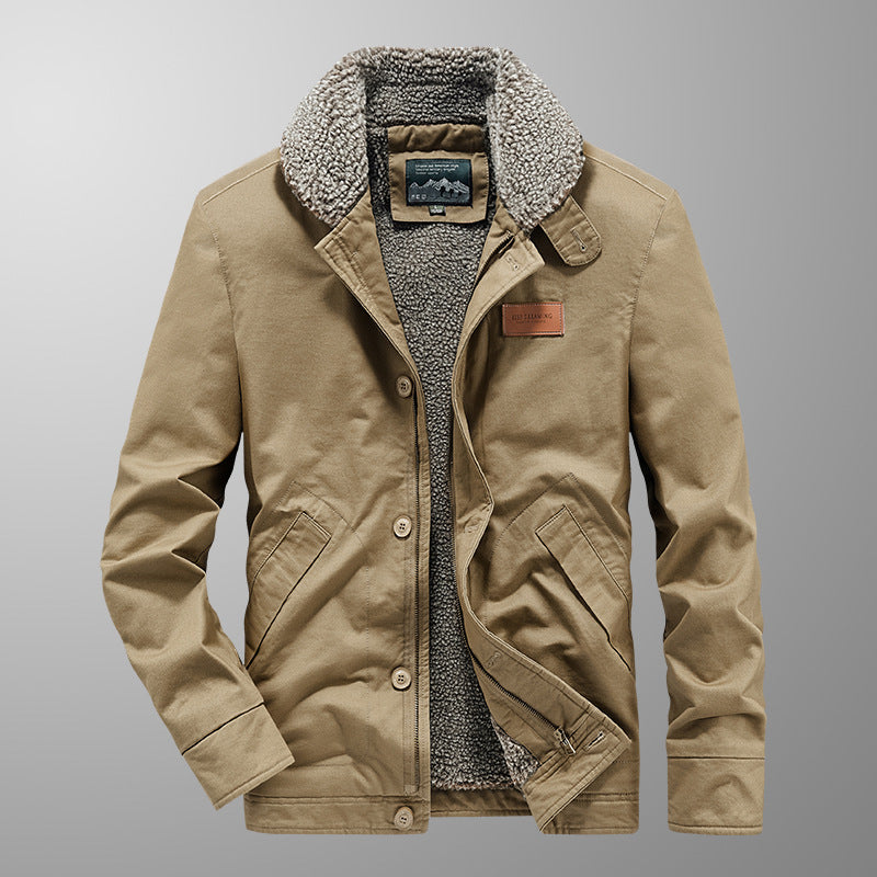 Herren Canvas-Armyblouson mit durchgehendem Teddyfutter, Reißverschluss- und Knopfleiste Drune