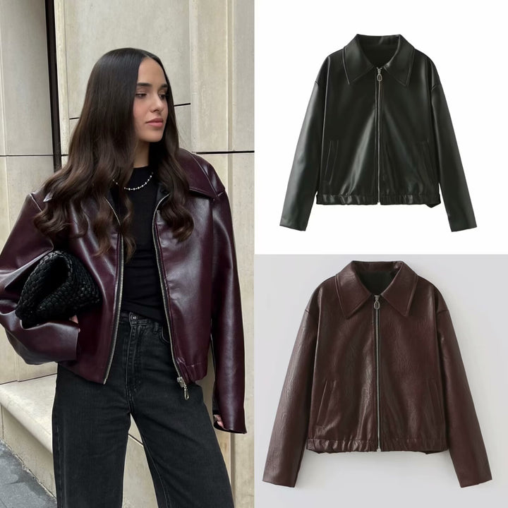 Damen 500+ leichte oversize Kunstleder‑Blousonjacke mit Hemdkragen, Reißverschluss und elastischem Saum Drune