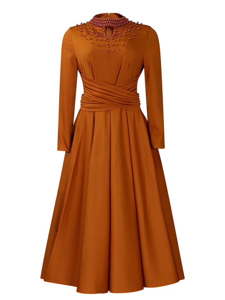 Damen elegantes Maxikleid mit kunstvoller Perlenverzierung und tailliertem Design Drune