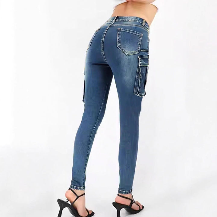 Damen High‑Waist Slim‑Cargo‑Jeans mit Klappentaschen und Reißverschluss-Details Drune