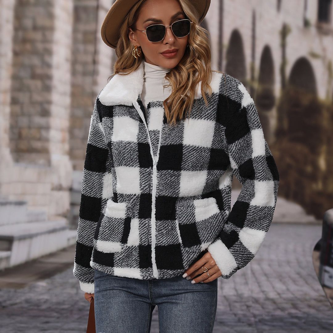 Damen Kuschelige Karojacke mit asymmetrischem Reißverschluss Drune