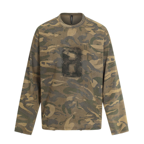 Herren Camouflage-Langarmshirt im Used-Look mit Rundhalsausschnitt und Vintage-Print Drune