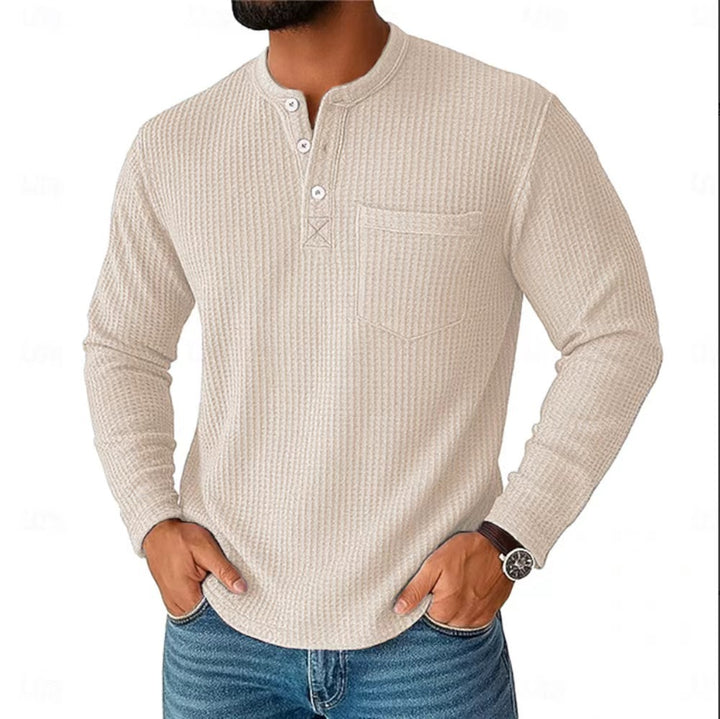 Herren Langarm Henley mit Waffelstruktur und Brusttasche thermisches Langarmshirt Drune