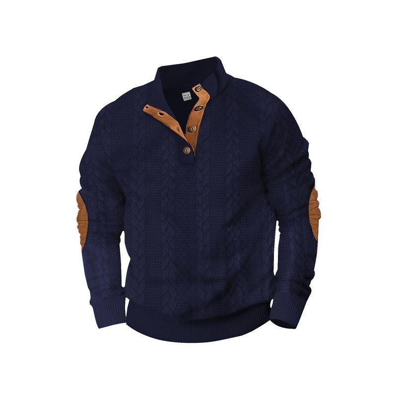 Herren Kabelstrick-Pullover mit Stehkragen, Knopfleiste & Ellbogenpatches Drune