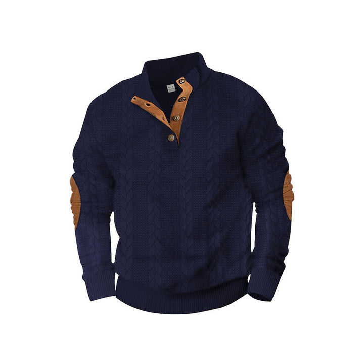 Herren Kabelstrick-Pullover mit Stehkragen, Knopfleiste & Ellbogenpatches Drune