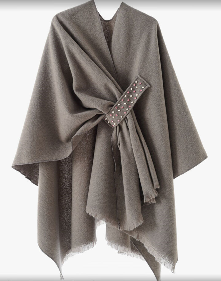 Damen Eleganter Wickel-Umhang aus Wollmischung mit Taillenschärpe und Fransensaum Drune