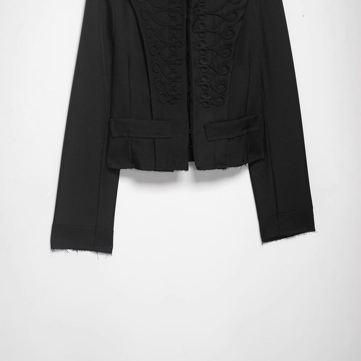 Damen Cropped‑Militärblazer mit Stehkragen, dekorativen Schlaufen und fransigem Saum Drune