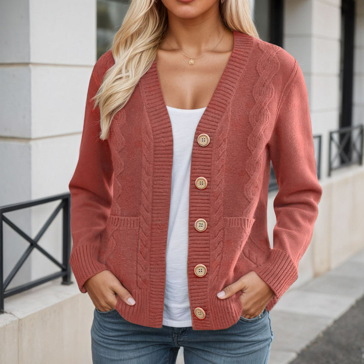 Damen nan längerer Strickcardigan mit Kabelstruktur, V-Ausschnitt und Holzknopfleiste Drune