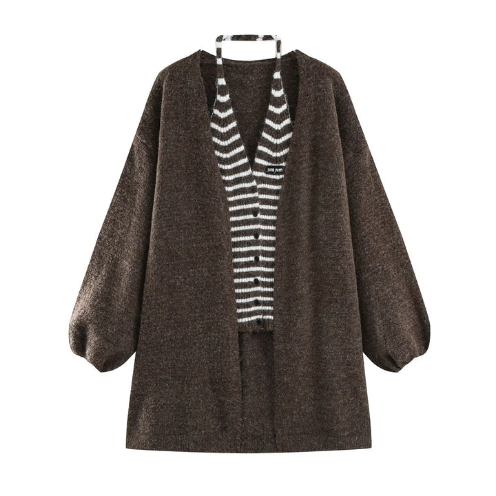 Damen Oversize Strickcardigan mit Ballonärmeln und gestreifter Einfass-Knopfleiste Drune