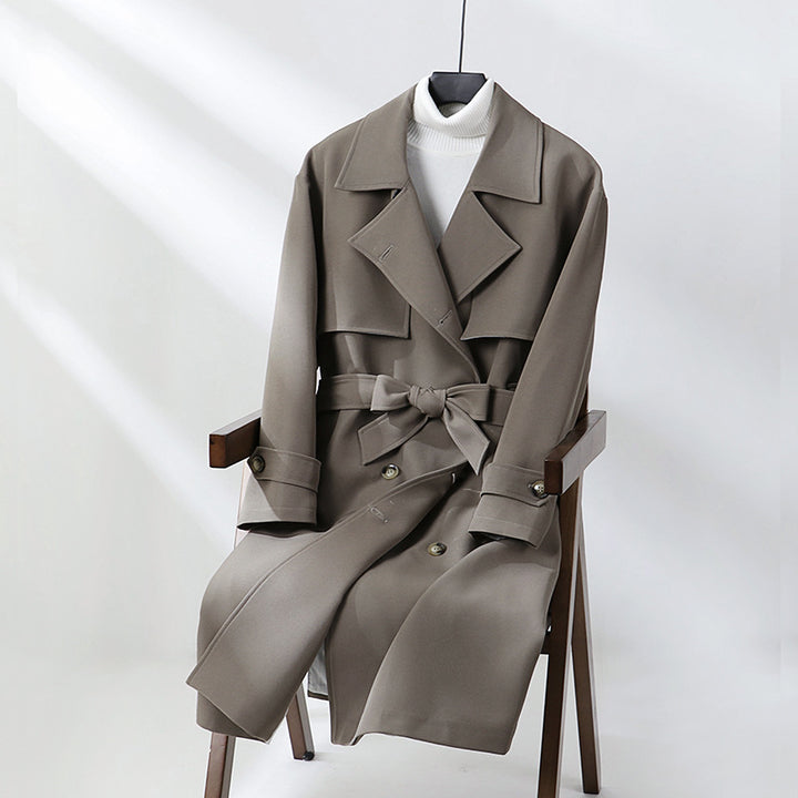 Damen Langer taillierter Trenchcoat mit weitem Schalkragen und Bindegürtel Drune