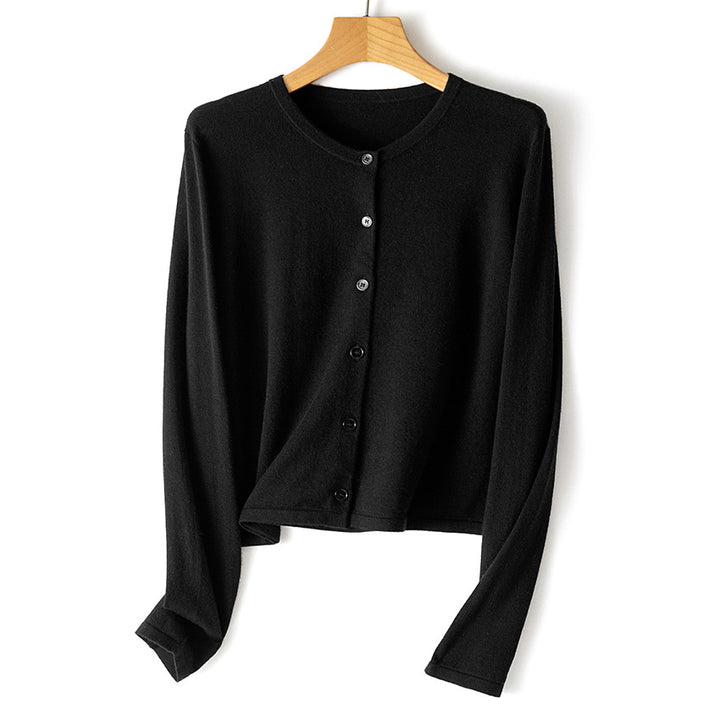 Damen leichte kurz geschnittene Feinstrick-Cardigan mit Rundhalsausschnitt und Knopfleiste Drune