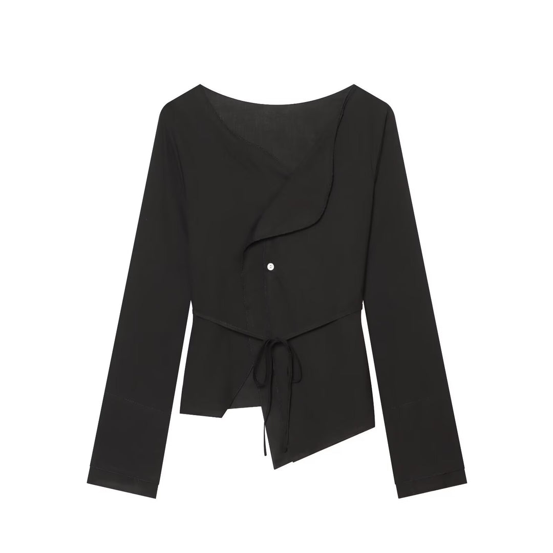 Damen Asymmetrische Wickelbluse mit Volantkante und Taillengürtel Drune