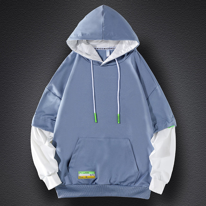 Herren Oversize-Lagenlook Kapuzenpullover mit Kontrastärmeln und Kängurutasche Drune