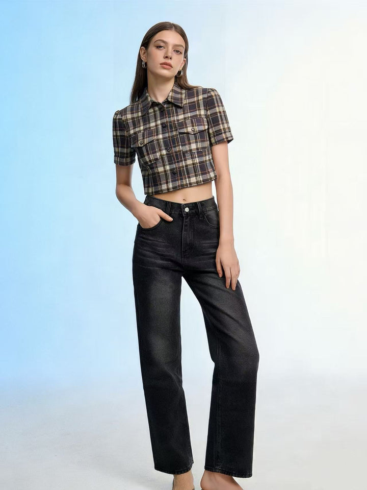 Damen nan hochgeschnittene Jeans mit schmaler Hüftpassform und weitem Schlag im Retro-Stil Drune