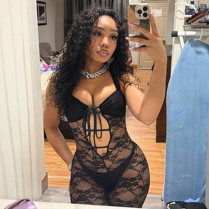 Damen Sexy Spitzenoverall mit tiefem V-Ausschnitt und individuell verstellbaren Trägern Drune