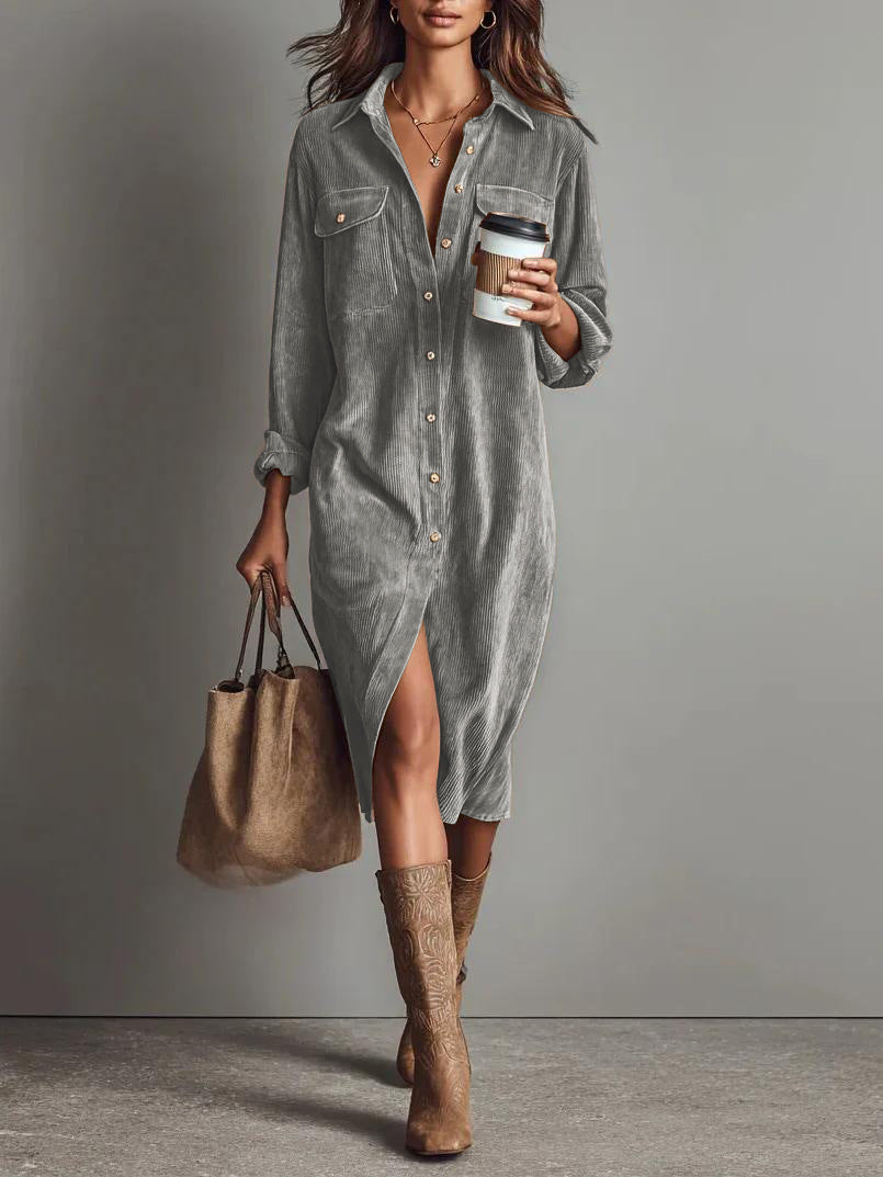 Damen Hemdblusenkleid aus Cord mit Brusttaschen, Knopfleiste und Schlitze Drune