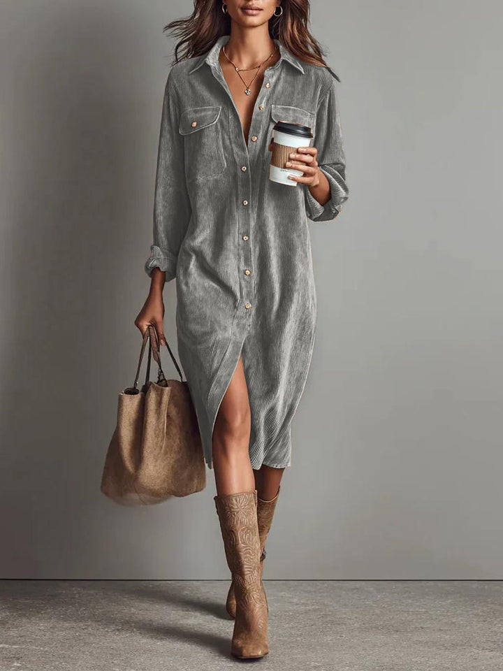Damen Hemdblusenkleid aus Cord mit Brusttaschen, Knopfleiste und Schlitze Drune