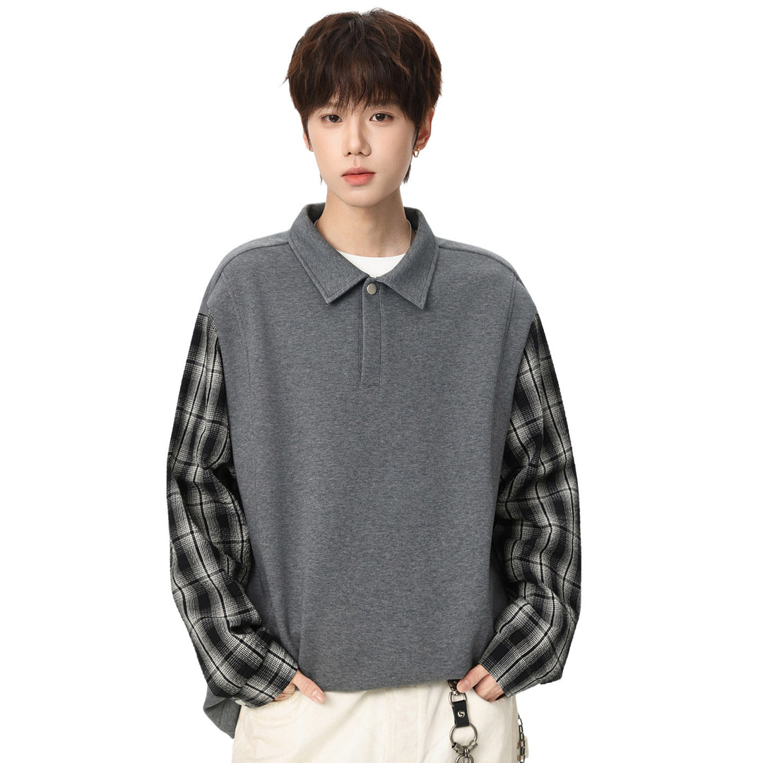 Unisex Oversize-Pullover mit Polokragen und karierter Ärmelkonstruktion Drune