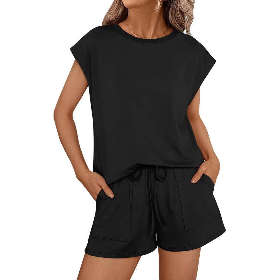 Damen lässiges Sommer-Set aus Oberteil und Shorts mit Kordelzug Drune