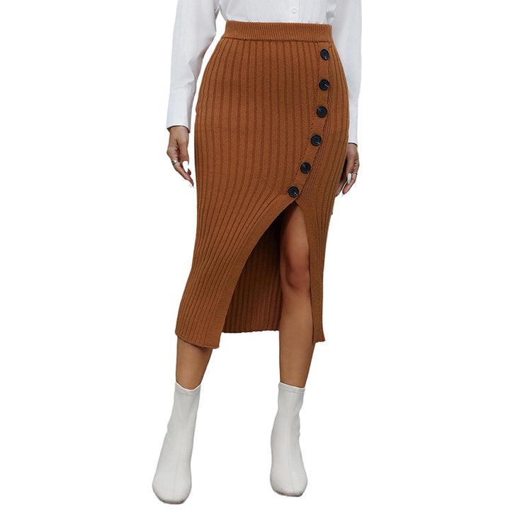 Damen Gerippter Strick-Midirock mit hoher Taille, dekorativer Knopfleiste und Seitenschlitz Drune