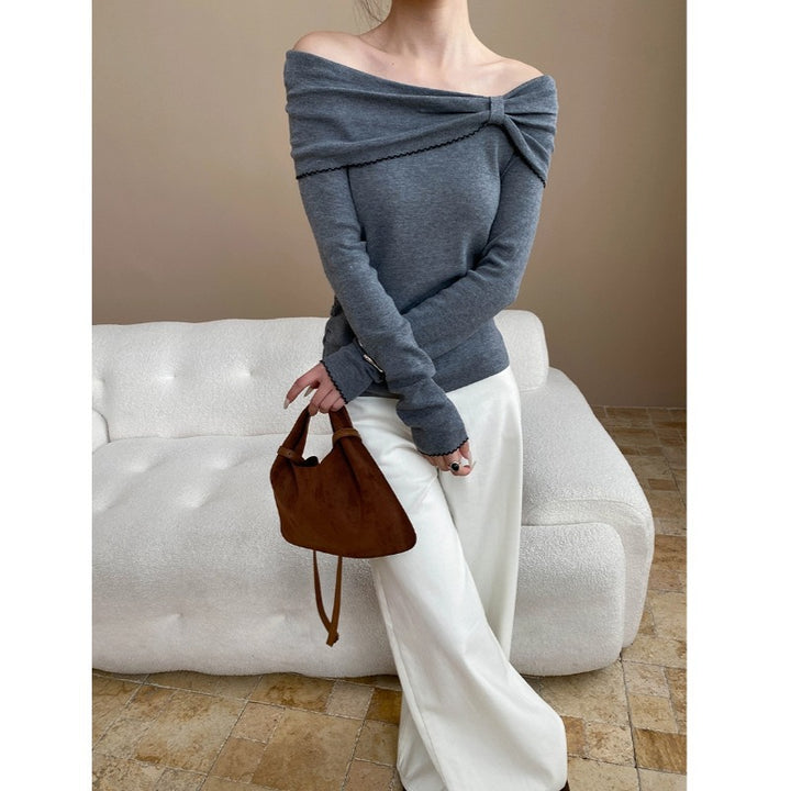 Damen eleganter off-shoulder Pullover mit Raffung und langen Ärmeln Drune