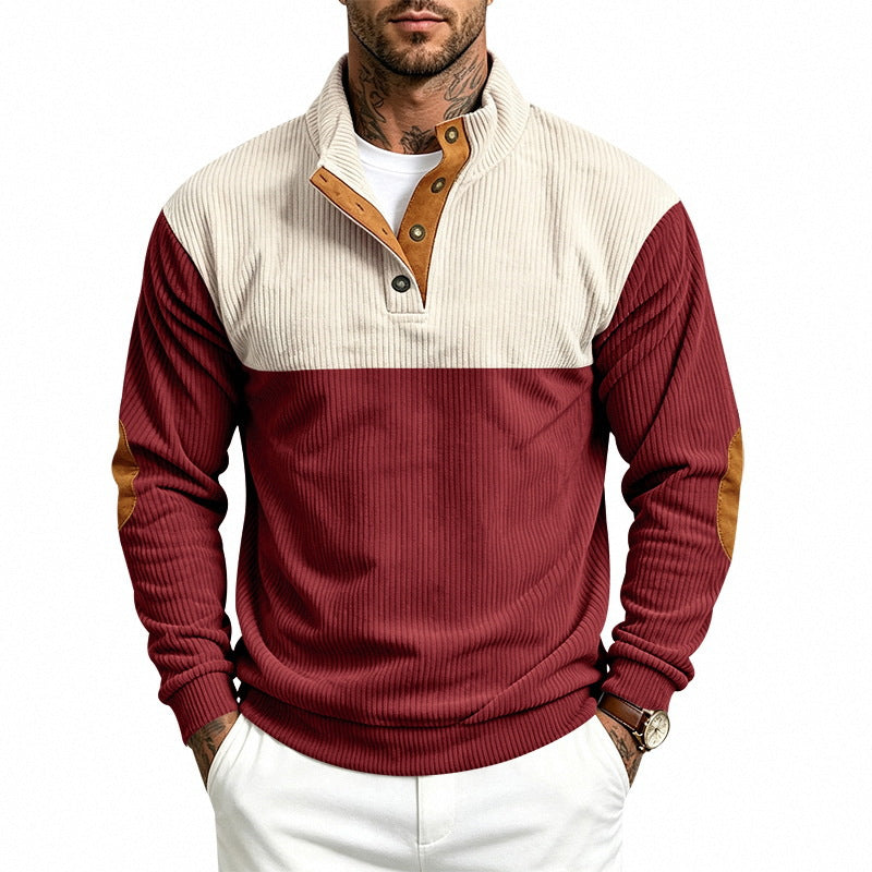 Herren Gerippter Stehkragen-Pullover mit Knopfleiste, Kontrastblende und Ellbogen-Patches Drune
