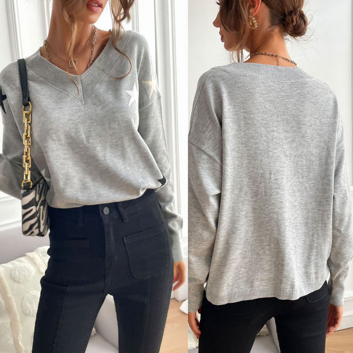 Damen Feiner V‑Ausschnitt Strickpullover mit Stern‑Intarsien und überschnittener Schulter Drune