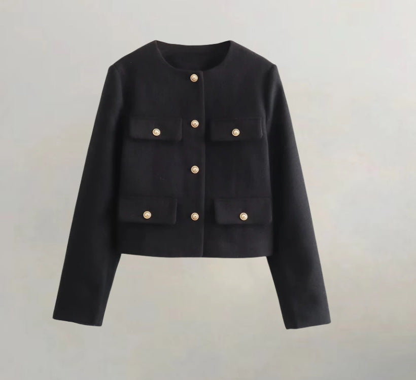 Damen kurzärmlige Utility-Jacke mit aufgesetzten Taschen und dekorativen Knöpfen Drune