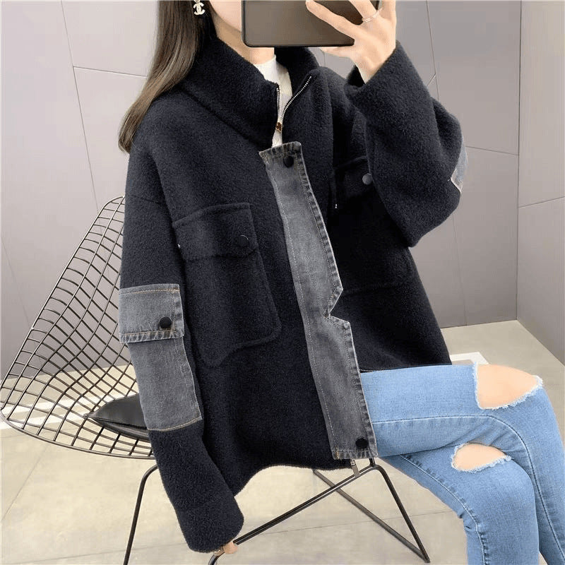 Damen Übergangsjacke mit modernem Denim-Detail und hohem Kragen Drune
