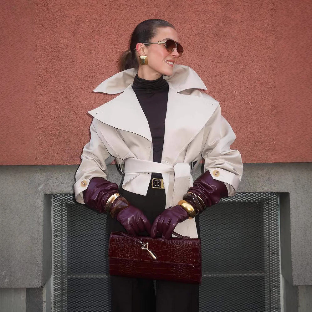 Damen stylischer Trenchcoat mit breitem Kragen und Gürteldetails Drune