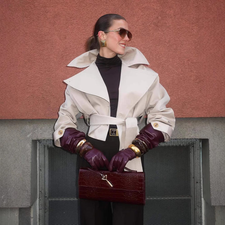 Damen stylischer Trenchcoat mit breitem Kragen und Gürteldetails Drune