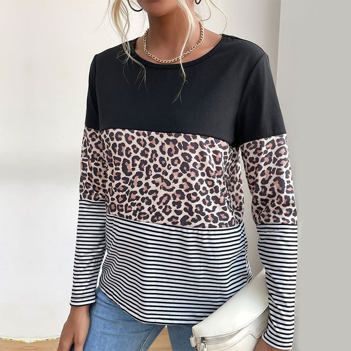 Damen Colorblock-Langarmtop mit Leoparden- und Streifenmix Drune