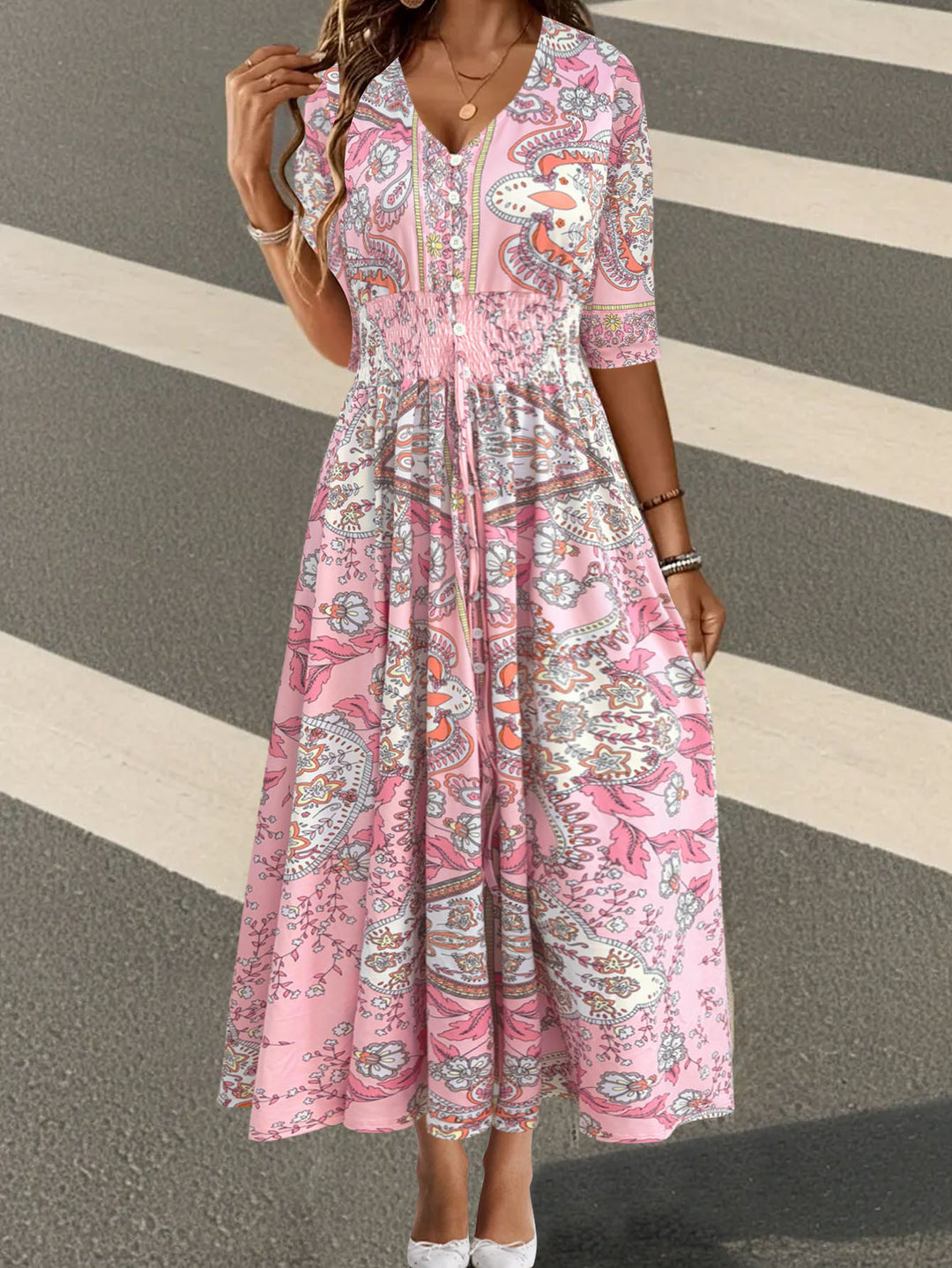 Damen Maxikleid mit Paisley‑Print, V‑Ausschnitt, Smok‑Taillenband und 3/4‑Ärmeln Drune