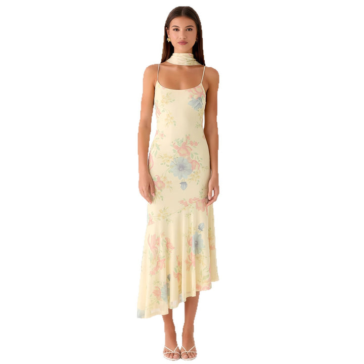 Damen Elegantes Maxikleid mit blumigem Chiffon-Design und Neckholder-Ausschnitt Drune