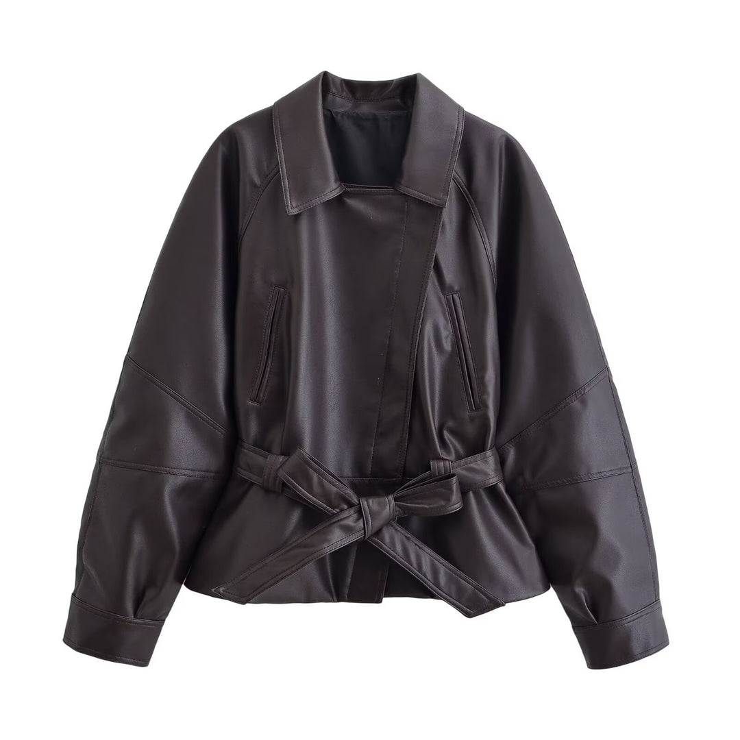 Damen Cropped-Lederoptik-Blouson mit Wickelgürtel, Oversize-Ärmeln und markanten Ziernähten Drune