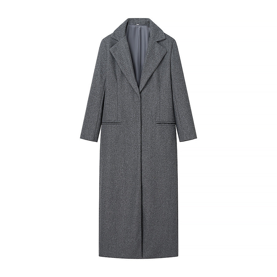 Damen nan lang geschnittener Mantel mit integriertem Rollkragen‑Schal und minimalistischer Einreiher‑Silhouette Drune
