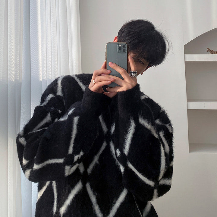Herren Oversized Flauschiger Strickpullover mit Rautenmuster Drune