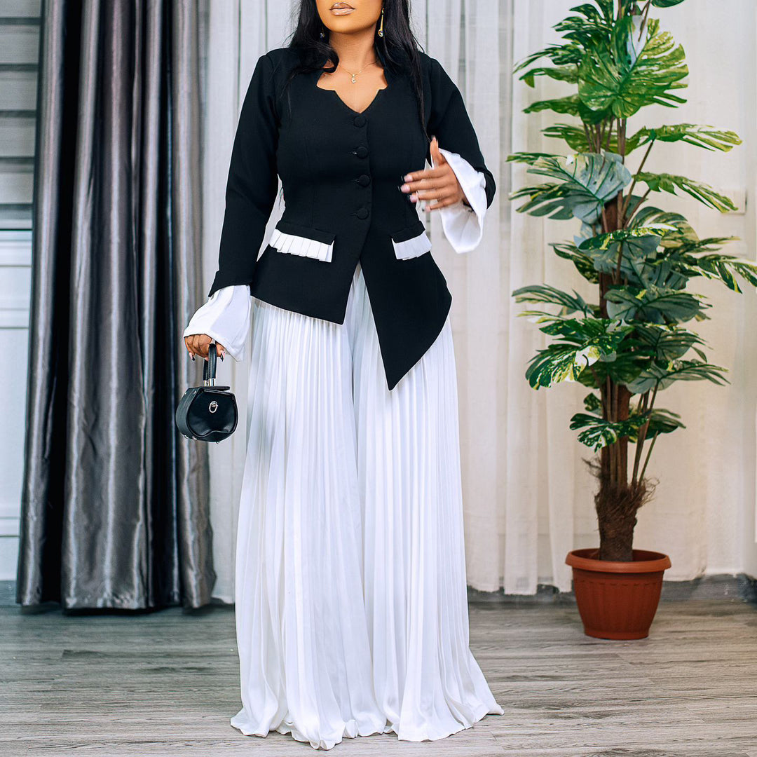 Damen eleganter Jumpsuit mit tailliertem Blazer-Oberteil und schwingenden Plisseehosen Drune