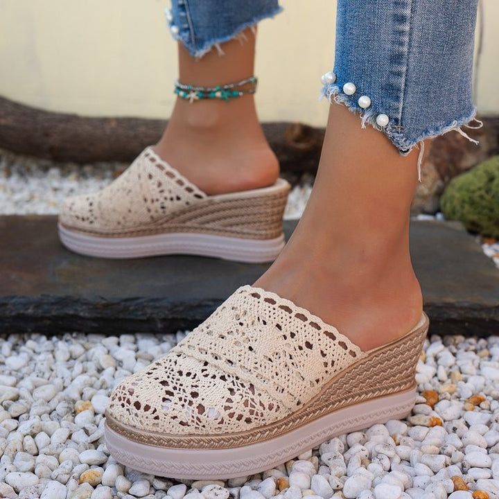 Damen nan gehäkelte Plateau-Slipper mit Jute-Details und Memory-Fußbett Drune
